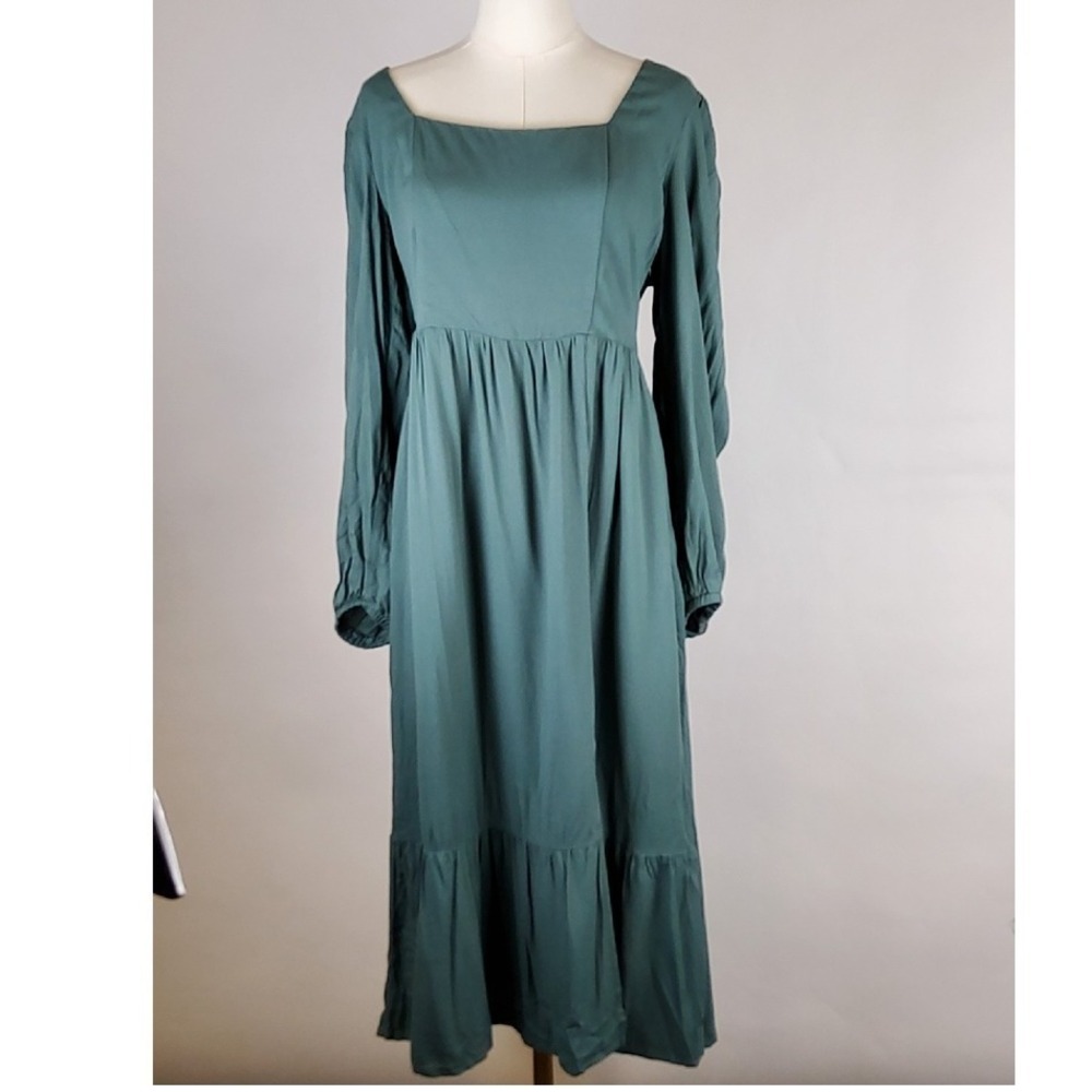 And Now‎ This Dress Womens Large Green Square-Neck Tiered Flared Midi Casual NWT